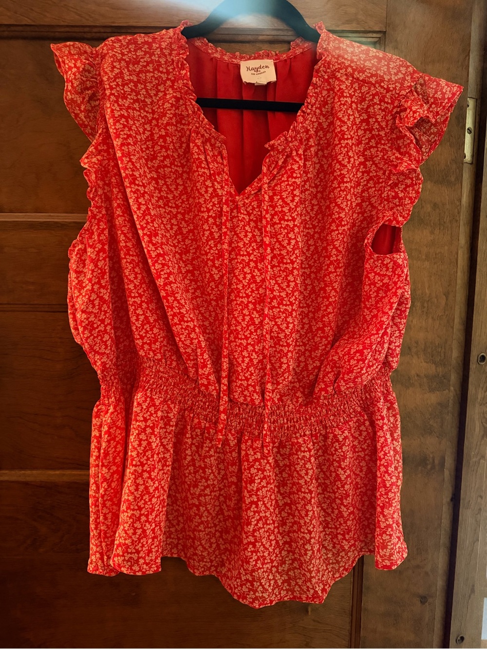 Hayden Feminine Coral-Red Floral Ruffle Peplum Top